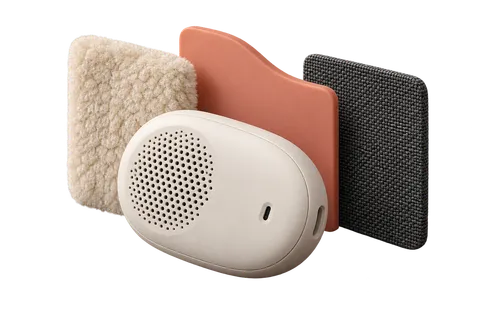 Illustrative voice module with plush, silicone and woven material samples