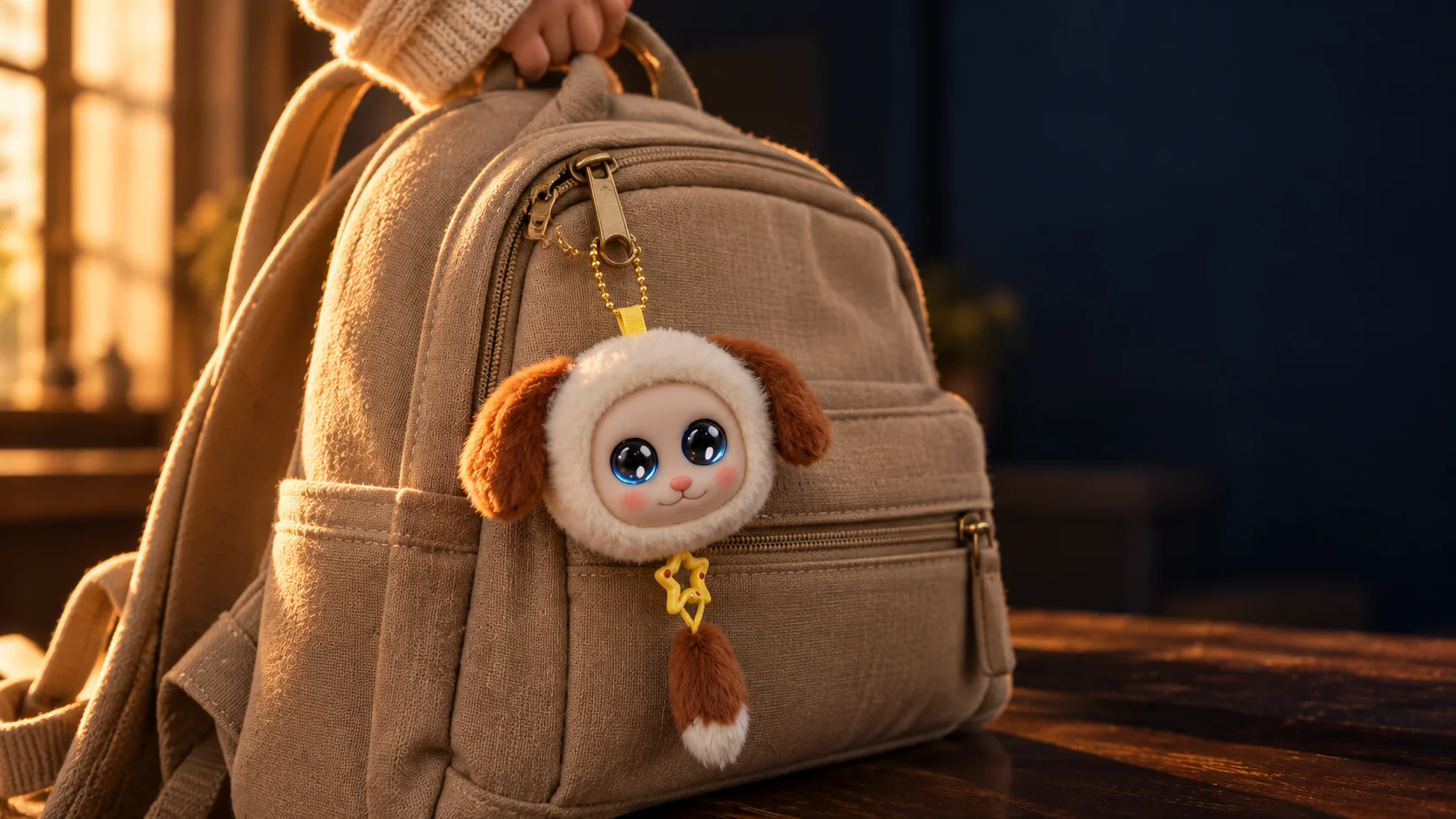 A Happy Pet AI puppy charm on a backpack in warm window light