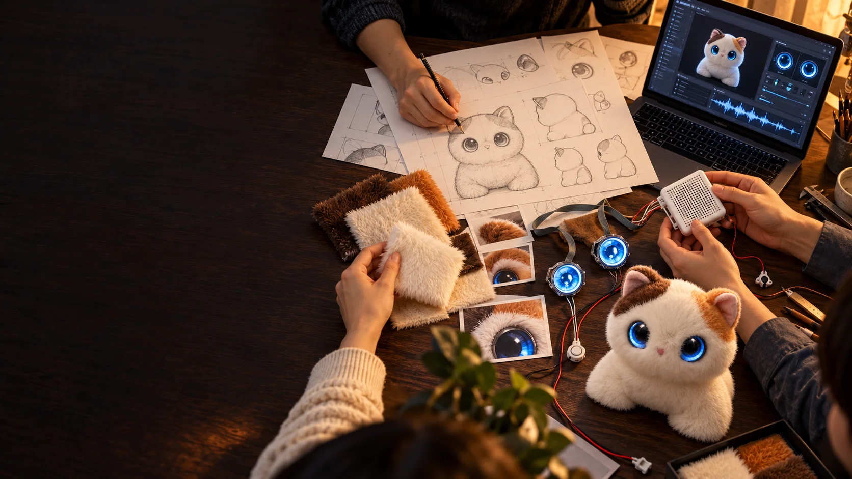 AI toy development concept: a team working with sketches, plush materials, hardware modules and software