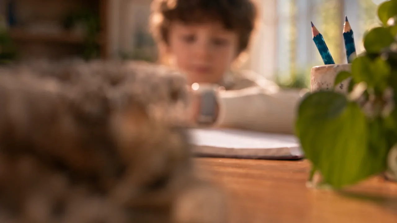 A boy with an AI Talky-Moe at his desk; the film continues with a girl and her plush cat, then a backpack companion.