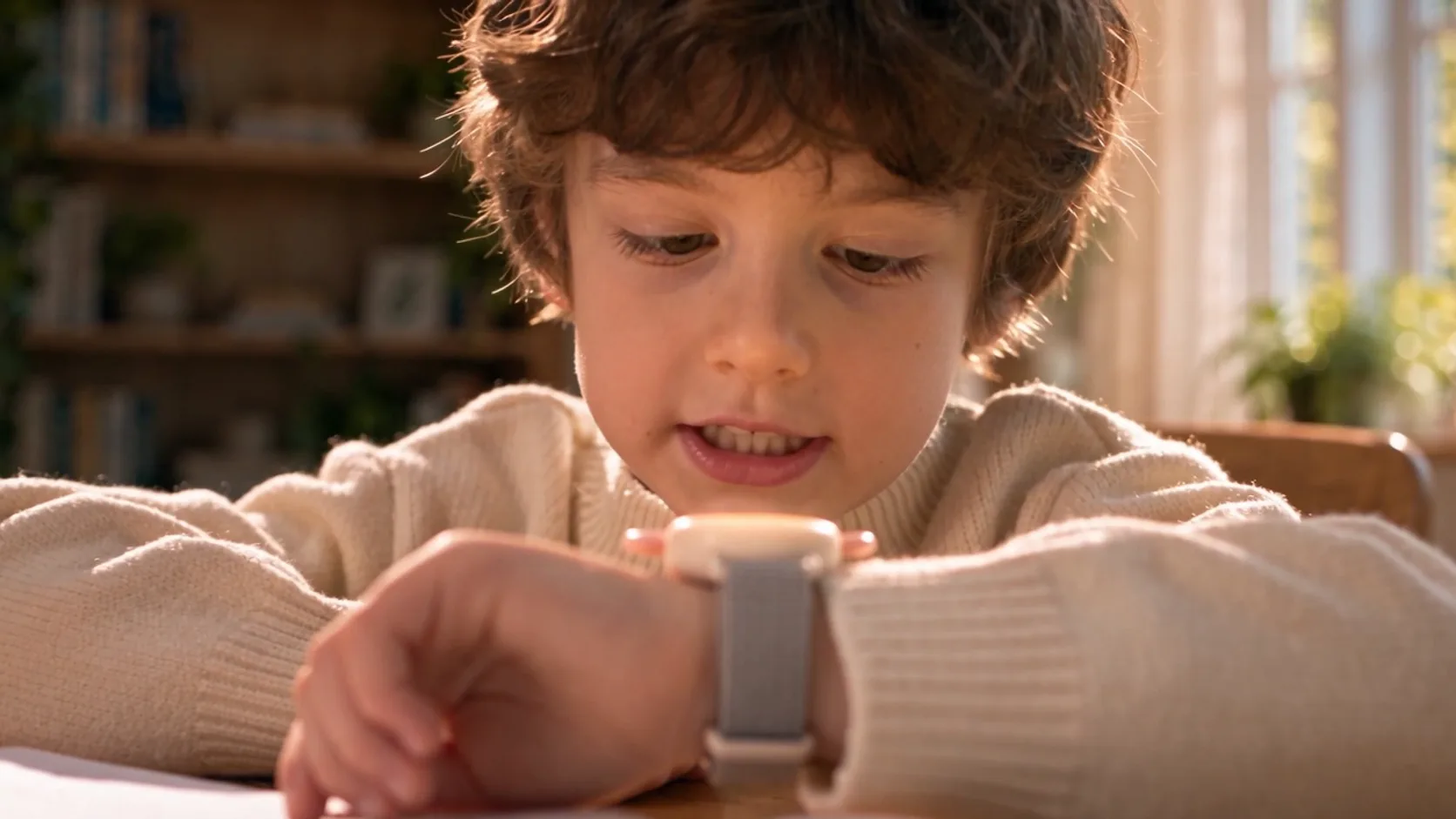 Illustrative scene of a child interacting with an AI toy at a desk